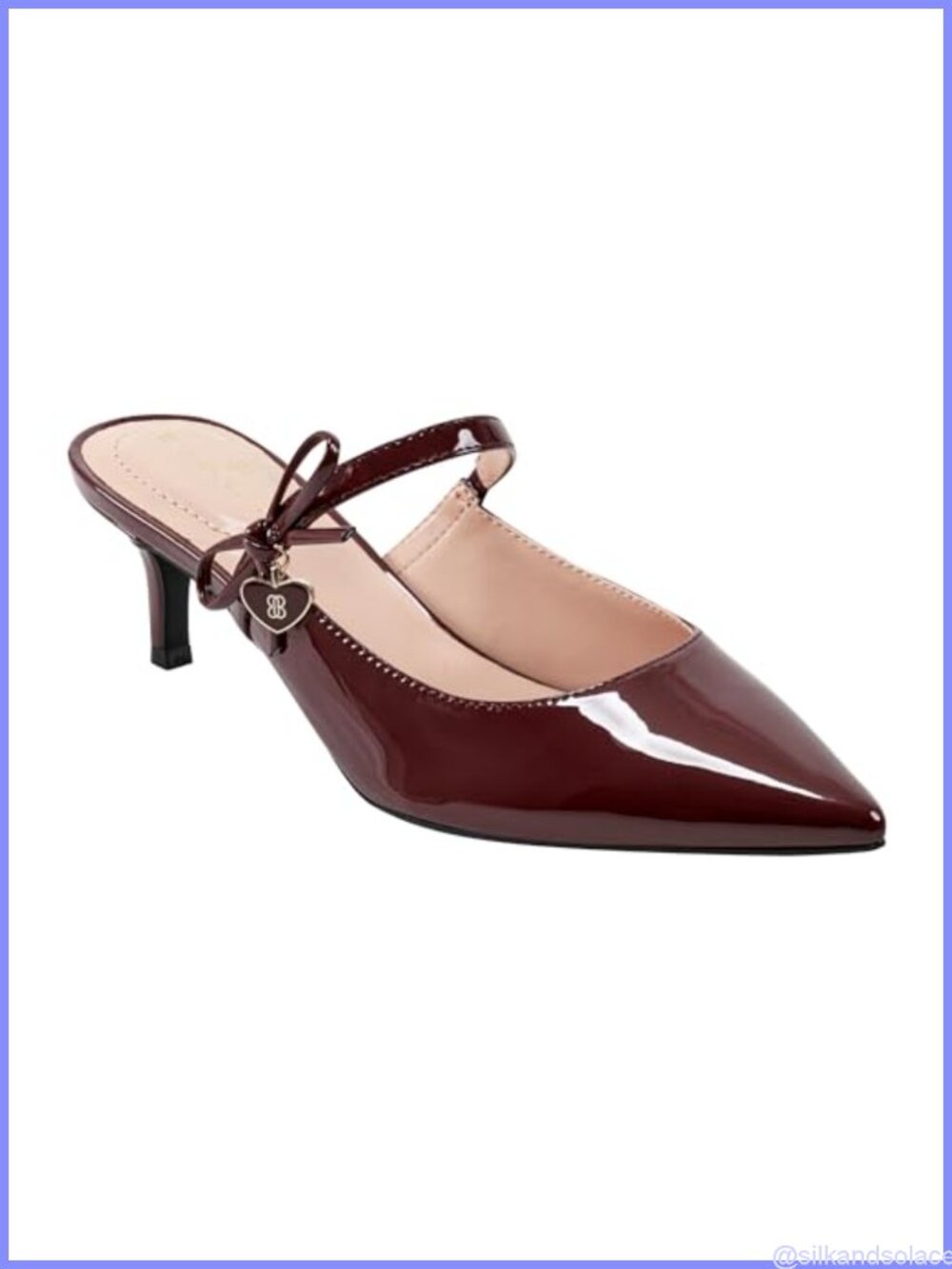 Faux Patent Leather Pointed Toe Kitten Heel Mules with Bow Charm